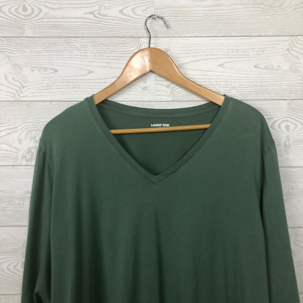Lands End Women's 3X 24/26W Long Sleeve V Neck Shirt Solid Green Tee 100% Cotton - Picture 2 of 5